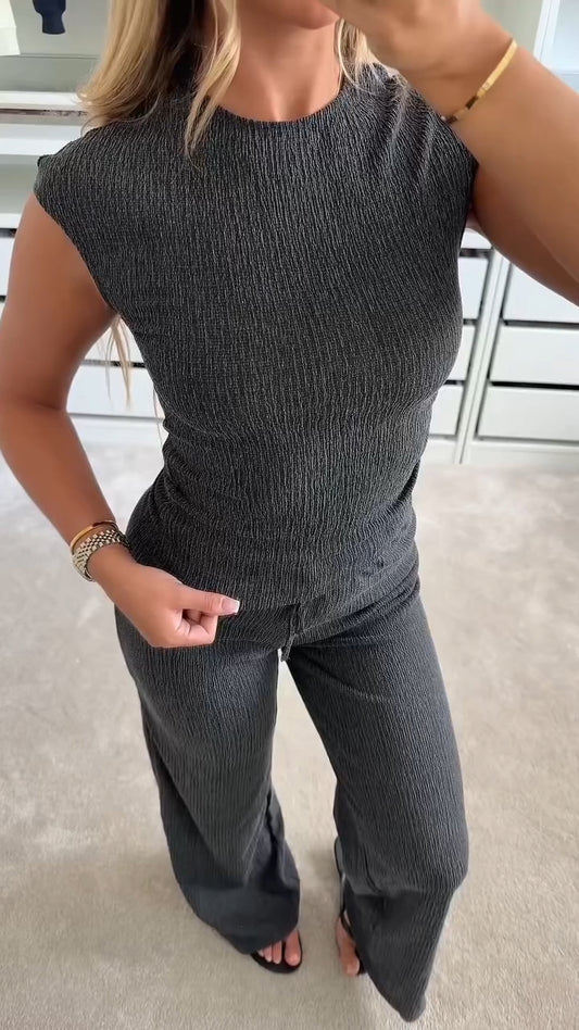 Ladies' Round Neck Solid Color Casual Suit