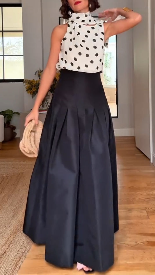 Ladies' Round Neck Polka Dot Top+ Skirt with Casual Temperament Suit