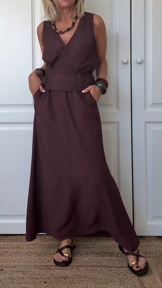 Ladies' V-neck Solid Color Top+ Skirt Casual Set