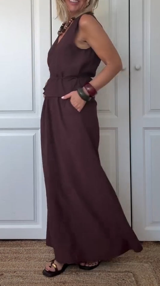 Ladies' V-neck Solid Color Top+ Skirt Casual Set