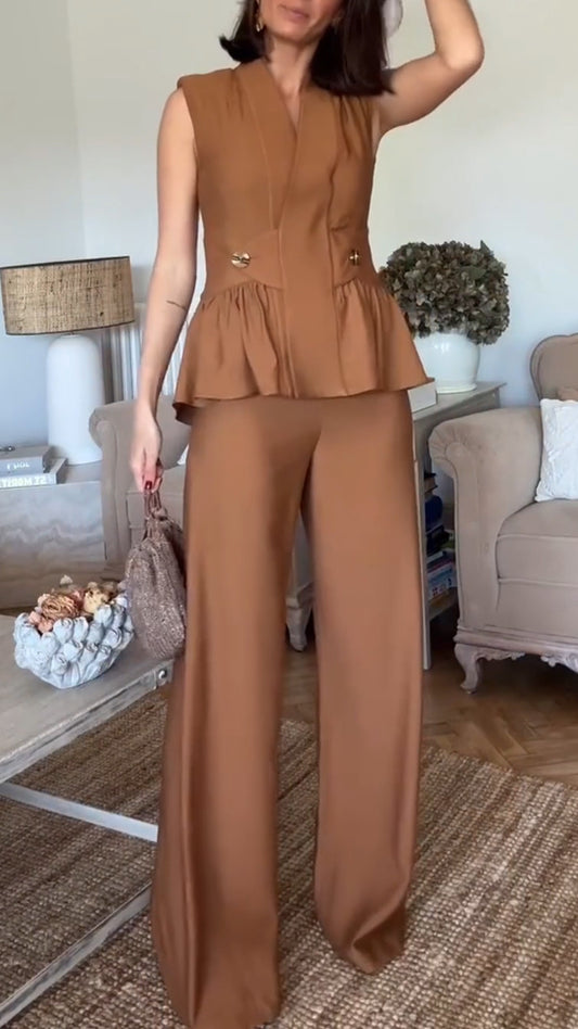 Women's V-neck Waist Sleeveless Casual Commuter Suit