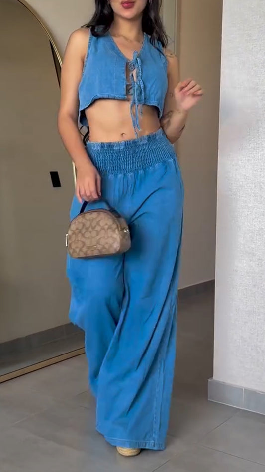 Women's V-neck Drawstring Sleeveless Denim Casual Suit