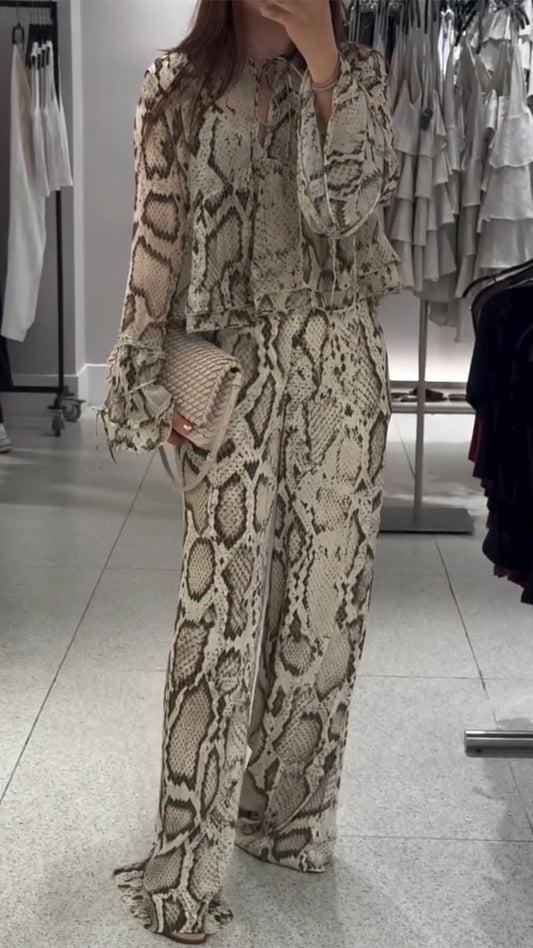 Women's V-neck Chiffon Snake Print Casual Suit