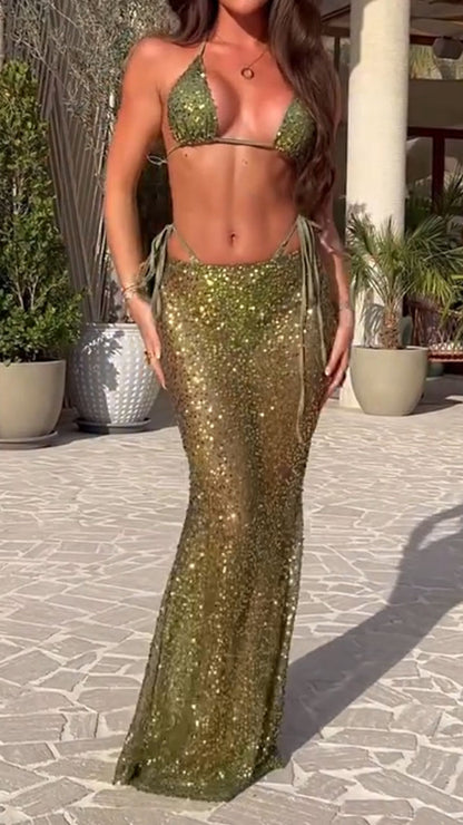 Women's Spring/Summer Sexy Hollow See-through Sequin Bikini Long Skirt Set