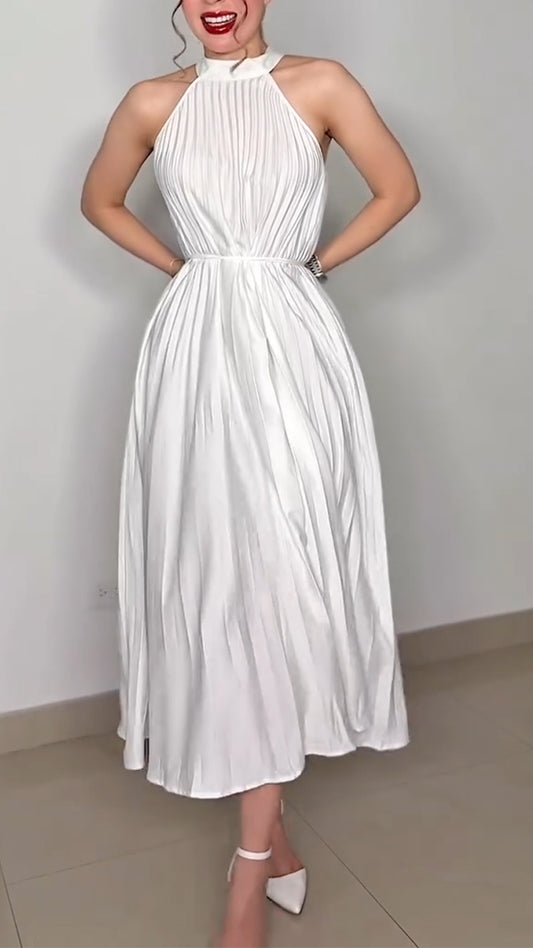 Ladies' Neck Hanging Pleated Elegant Casual Dress
