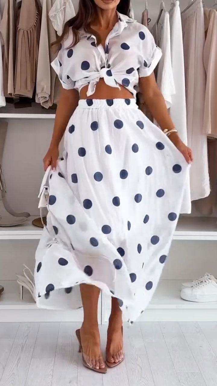 Ladies' Collar Polka Dot Top+ Skirt Casual Set