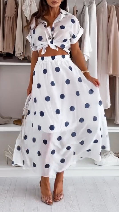 Ladies' Collar Polka Dot Top+ Skirt Casual Set