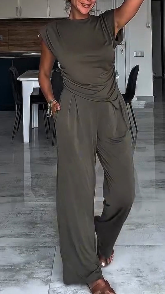 Women's Round Neck Irregular Top + Pants Casual Suit