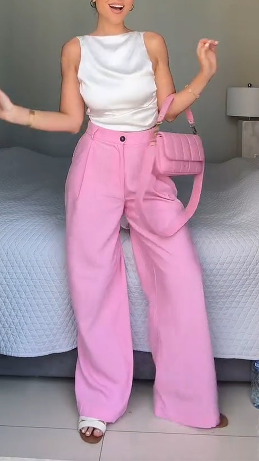Ladies' Round Neck Hollowed Out Top + Pants Casual Set