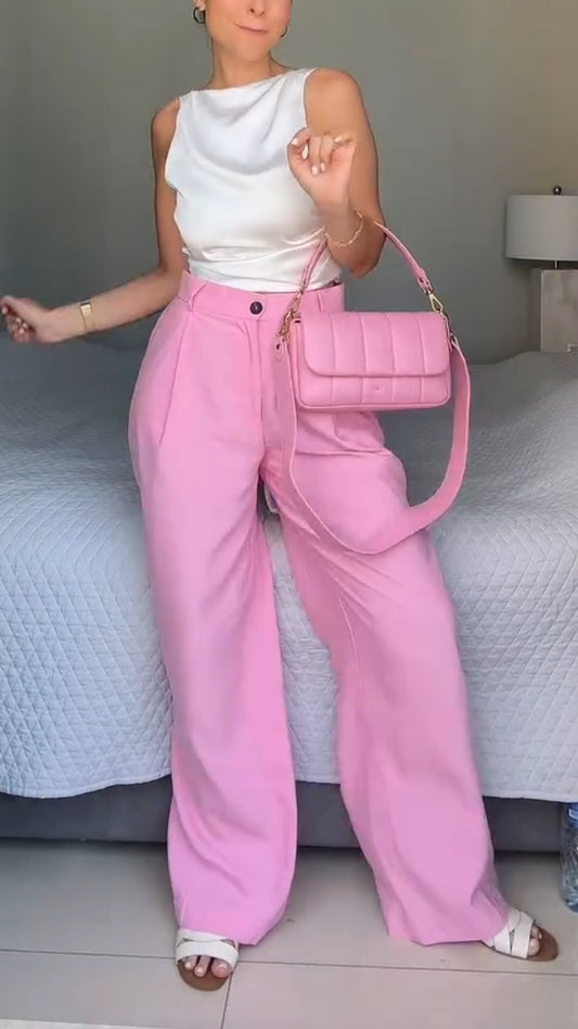 Ladies' Round Neck Hollowed Out Top + Pants Casual Set