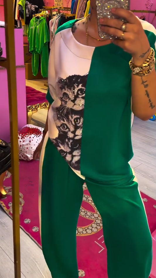 Ladies' Round Neck Contrasting Hot Stamping Printed Top+ Pants Casual Set
