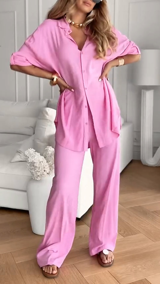 Ladies' Collar Solid Color Loose Casual Suit