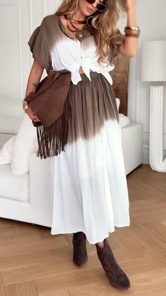 Ladies' Round Neck Breasted Gradient Contrasting Top+ Half Skirt Casual Suit