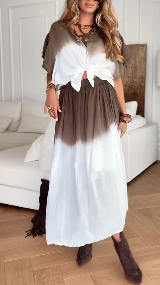 Ladies' Round Neck Breasted Gradient Contrasting Top+ Half Skirt Casual Suit
