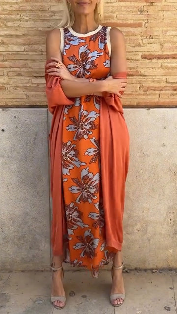 Ladies' Round Neck Printed Dress+ Cloak Casual Temperament Set