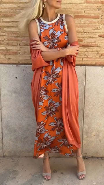 Ladies' Round Neck Printed Dress+ Cloak Casual Temperament Set
