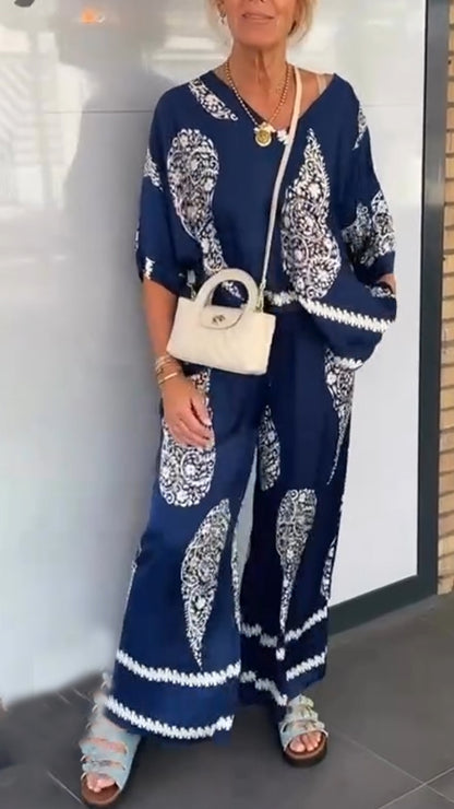 Women's V-neck Printed Top + Pants Loose Casual Suit