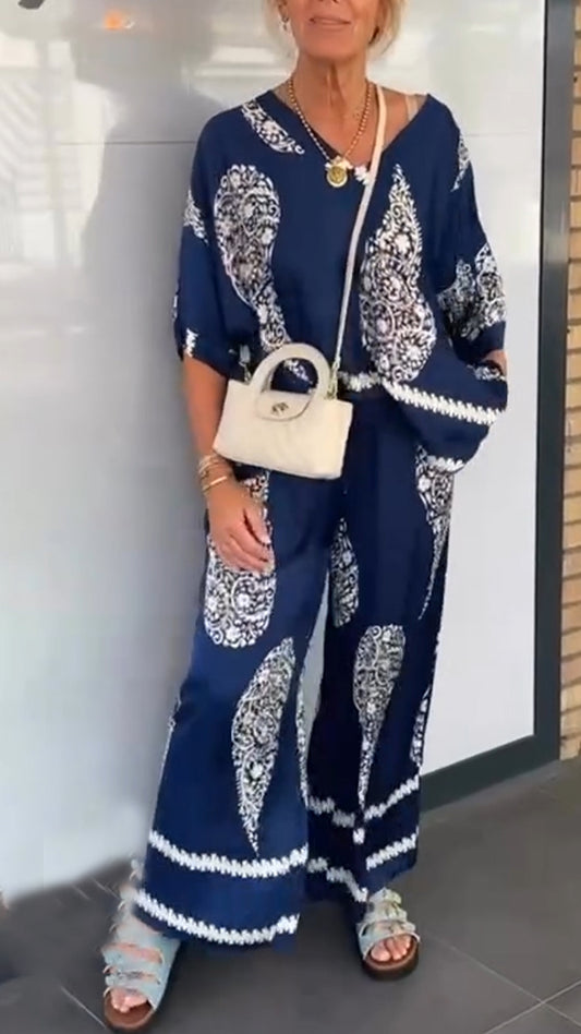 Women's V-neck Printed Top + Pants Loose Casual Suit