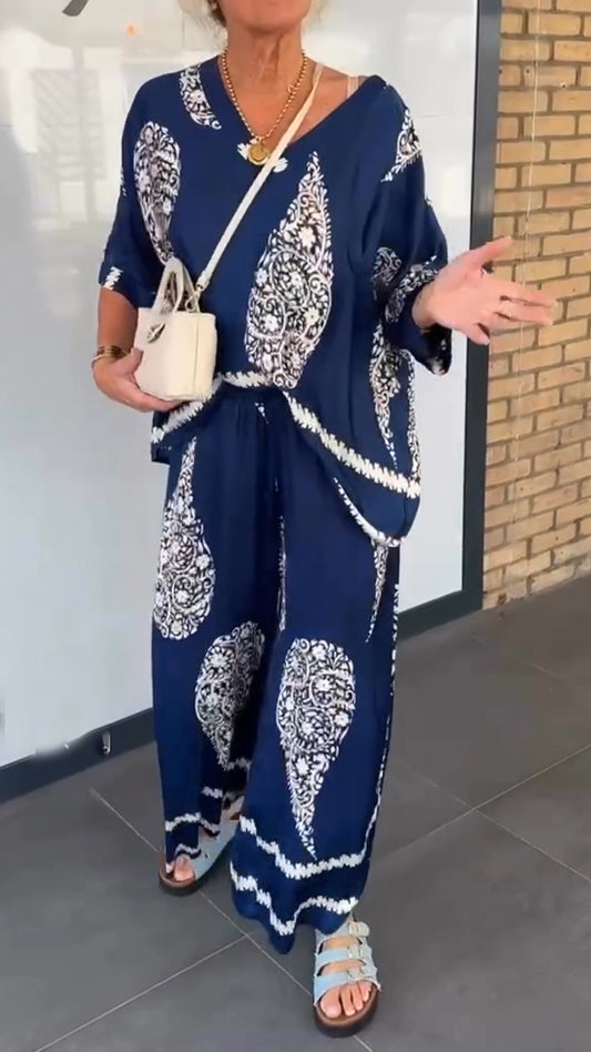 Women's V-neck Printed Top + Pants Loose Casual Suit