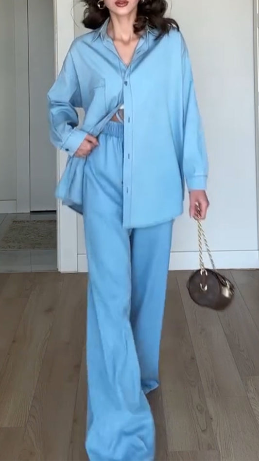 Ladies' Collar Solid Color Top+ Pants with A Casual Temperament Suit