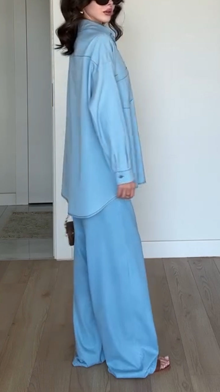 Ladies' Collar Solid Color Top+ Pants with A Casual Temperament Suit