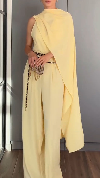 Ladies' Hanging Neck Solid Color Jumpsuit+ Shawl Casual Temperament Suit