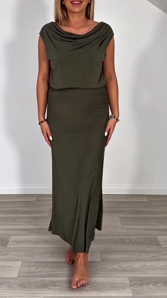 Ladies' Round Neck Solid Color Top+ Skirt Casual Set