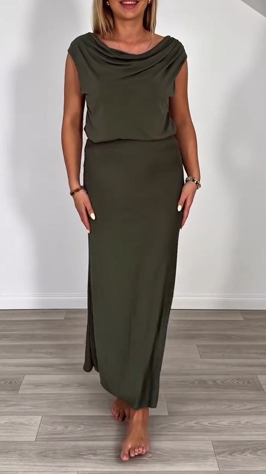Ladies' Round Neck Solid Color Top+ Skirt Casual Set