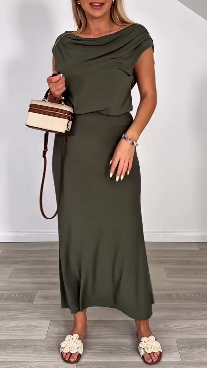 Ladies' Round Neck Solid Color Top+ Skirt Casual Set