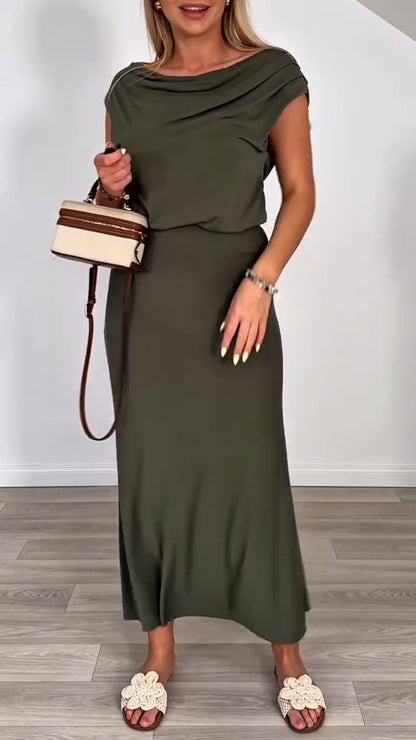 Ladies' Round Neck Solid Color Top+ Skirt Casual Set
