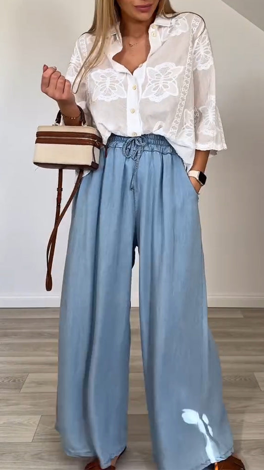 Ladies' Collar Printed Top + Pants Casual Set
