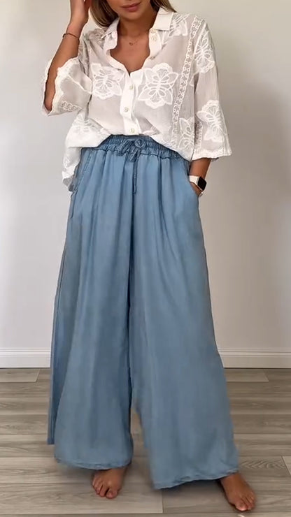 Ladies' Collar Printed Top + Pants Casual Set