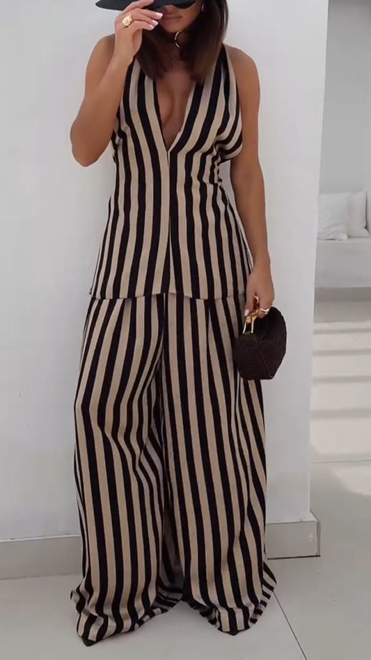 Women's V-neck Vertical Stripe Hanging Neck Top+ Pants Casual Suit