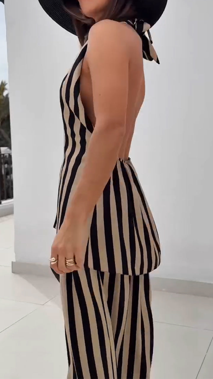 Women's V-neck Vertical Stripe Hanging Neck Top+ Pants Casual Suit