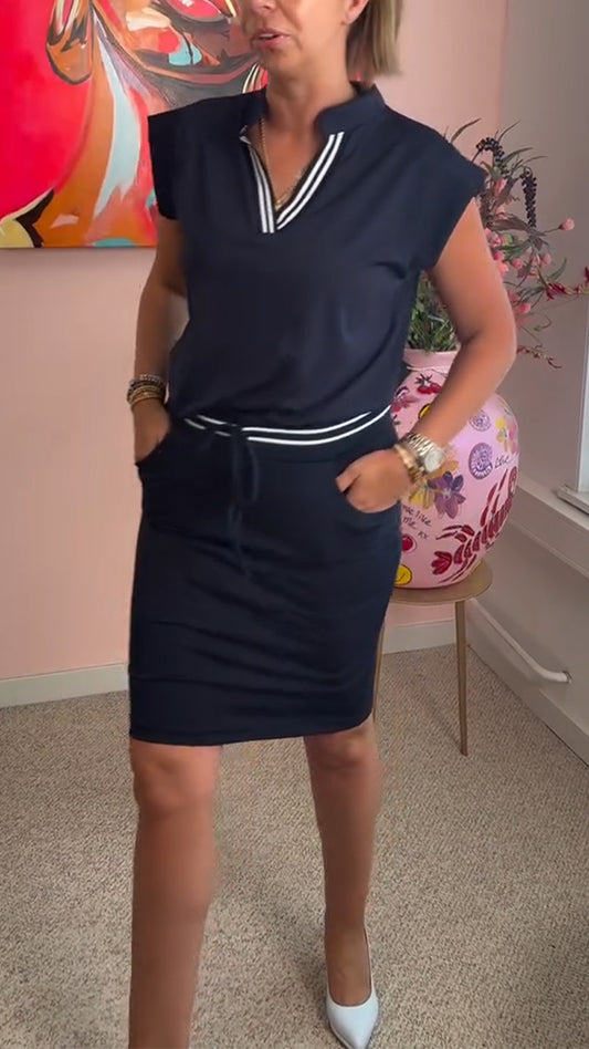 Ladies' V-neck Patchwork Stripe+ Skirt Casual Set