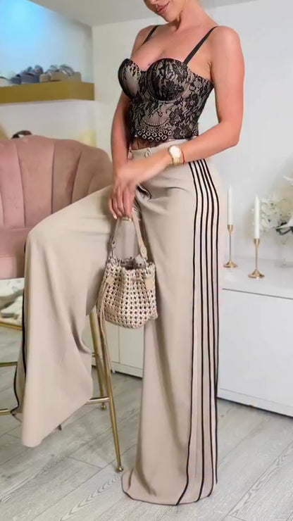 Ladies' Suspender Printed Top+ Spliced Vertical Striped Pants Casual Set