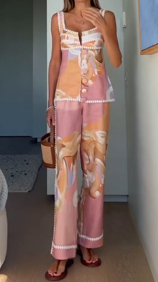 Ladies' Square Collar Button Printed Top + Pants Casual Set