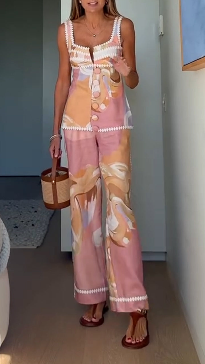 Ladies' Square Collar Button Printed Top + Pants Casual Set