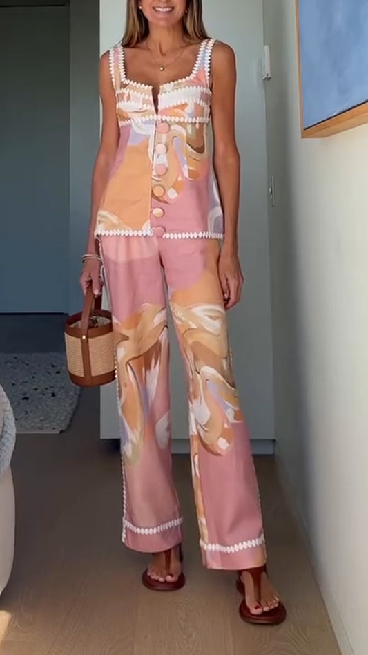 Ladies' Square Collar Button Printed Top + Pants Casual Set