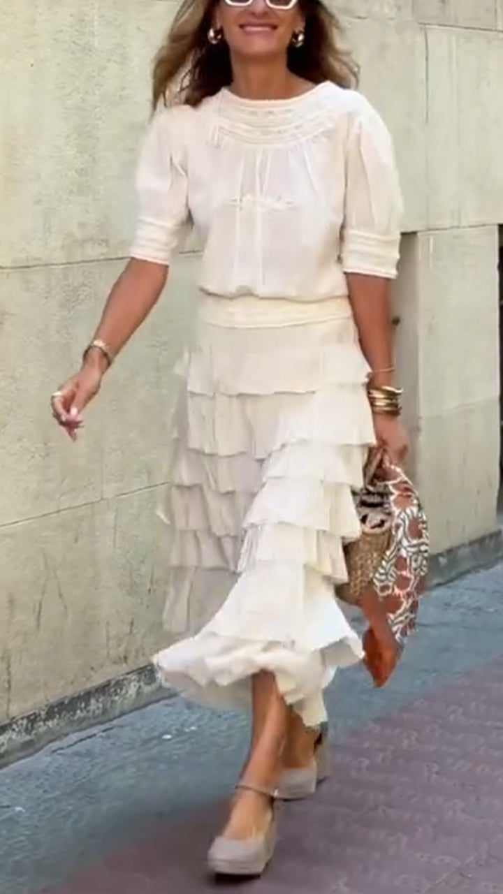 Women's Round Neck Top+ Patchwork Skirt Solid Color Casual Set