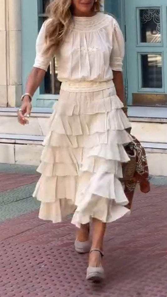 Women's Round Neck Top+ Patchwork Skirt Solid Color Casual Set