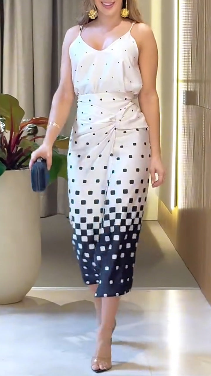 Ladies' Spaghetti Strap Polka Dot Top+ Skirt Casual Temperament Set