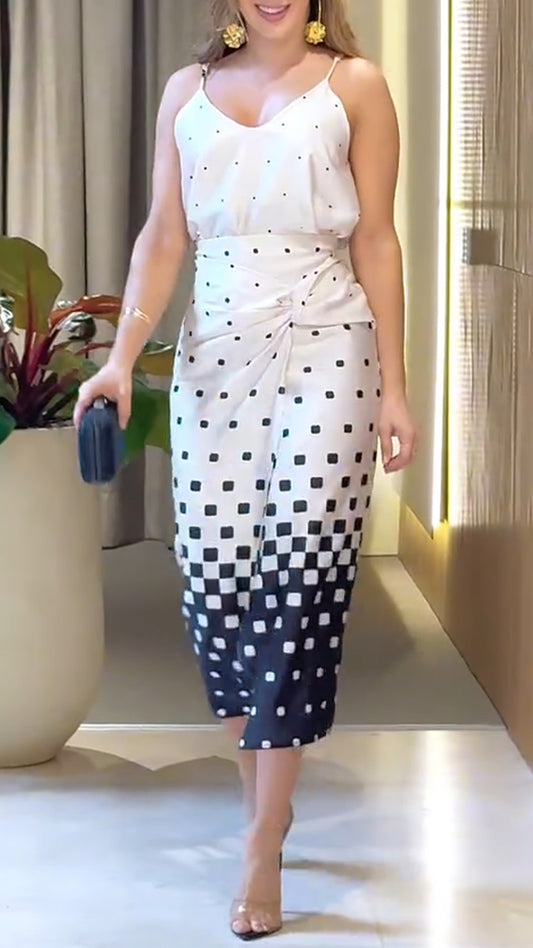 Ladies' Spaghetti Strap Polka Dot Top+ Skirt Casual Temperament Set