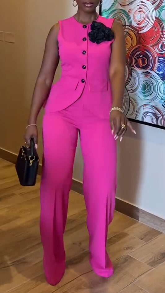 Ladies' Round Neck Breasted Top + Pants Casual Suit