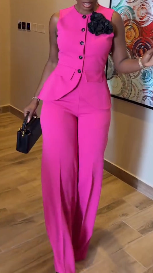 Ladies' Round Neck Breasted Top + Pants Casual Suit