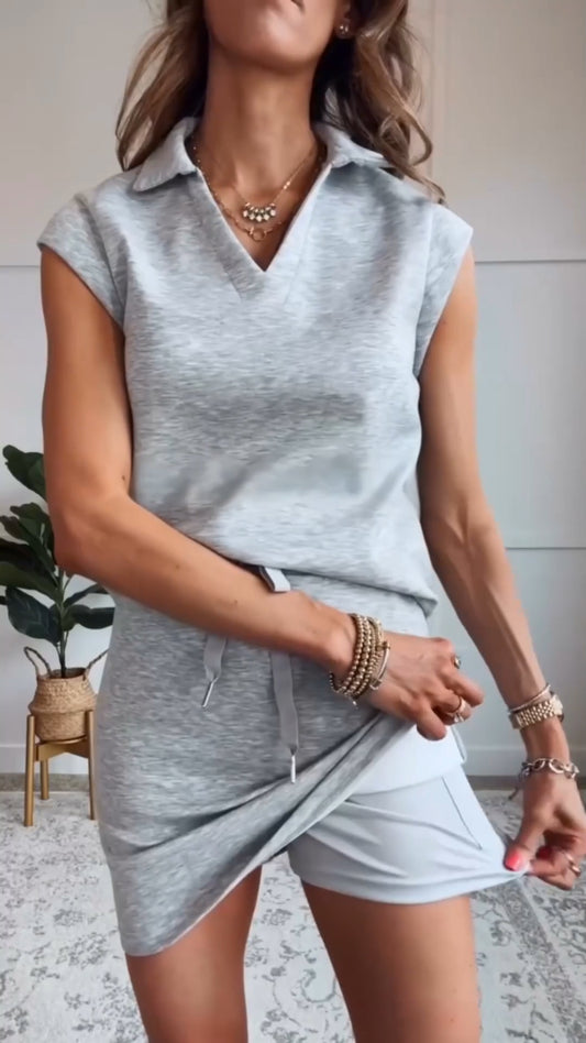 Ladies' Collar Top+ Drawstring Skirt Casual Set