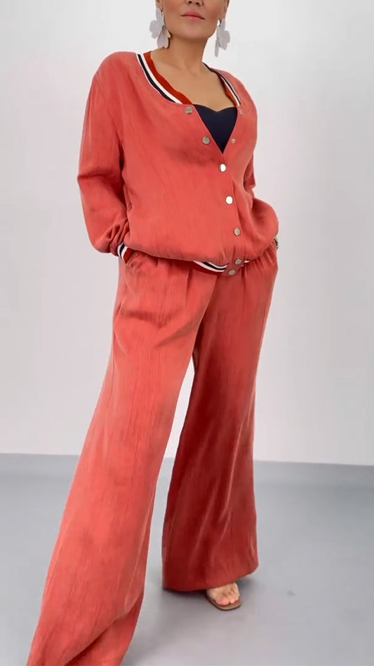 Ladies' Round Neck Patchwork Striped Breasted Top+ Pants Casual Set