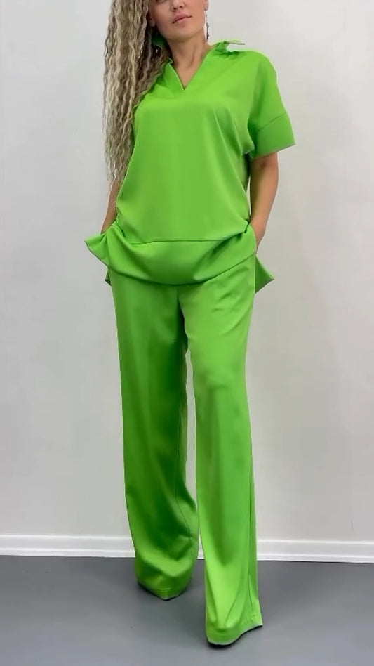 Ladies' Collar Solid Color Splicing Casual Set
