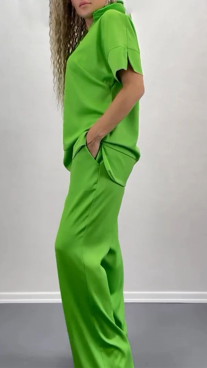 Ladies' Collar Solid Color Splicing Casual Set