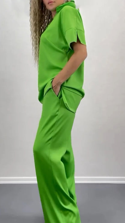 Ladies' Collar Solid Color Splicing Casual Set